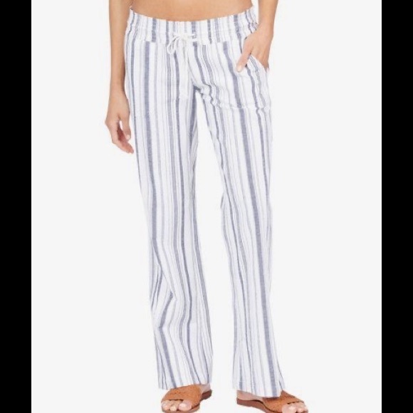 Roxy Oceanside Stripe Flared Linen Pants M NWT - Picture 2 of 16